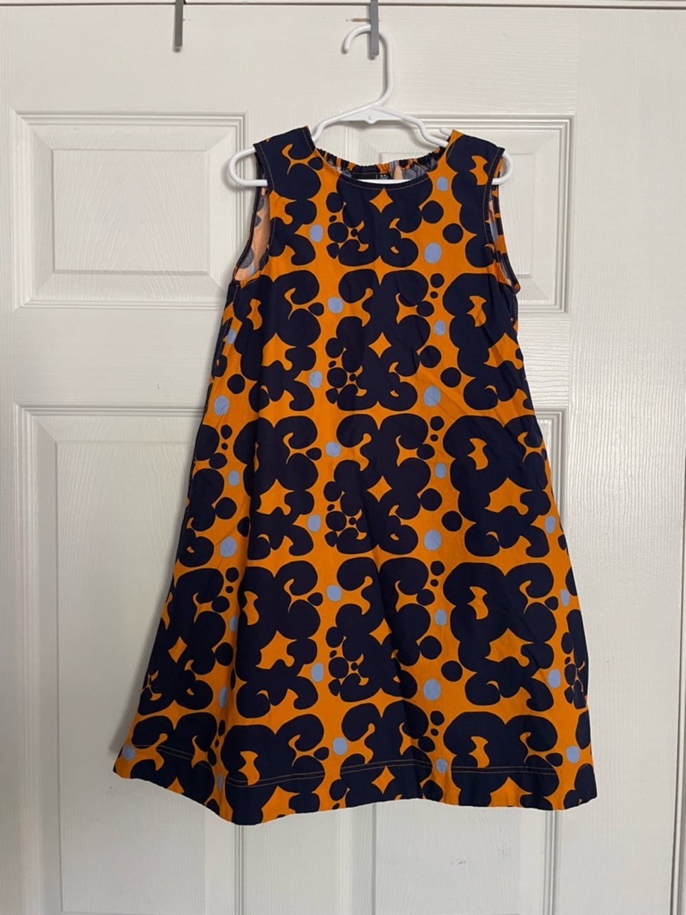 Marimekko Girls size 5-6 Navy & Orange Floral Print Sleeveless Kids Dress